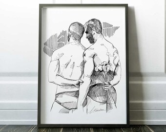 gay artwork Black and White | Male Engagement Gift | watercolor print large | painting prints for sale | homoerotic art | gay male love