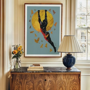 Gay Artwork, LGBTQ Art Print, Queer Wall Art, Large Male Figure Illustration, Surreal Modern Design, Gold Moon Decor, Gift for Him