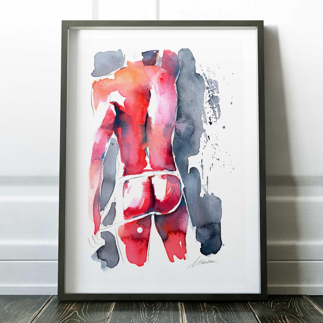 Expressive Male Booty Watercolor Art, Red and Gray Abstract Figure ...