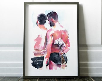 LGBTQ Wall Art, Giclée Art Print, Love is Love Watercolor, Couple Embrace, Flowers Detail, Romantic Queer Illustration, Hand-Painted Gift