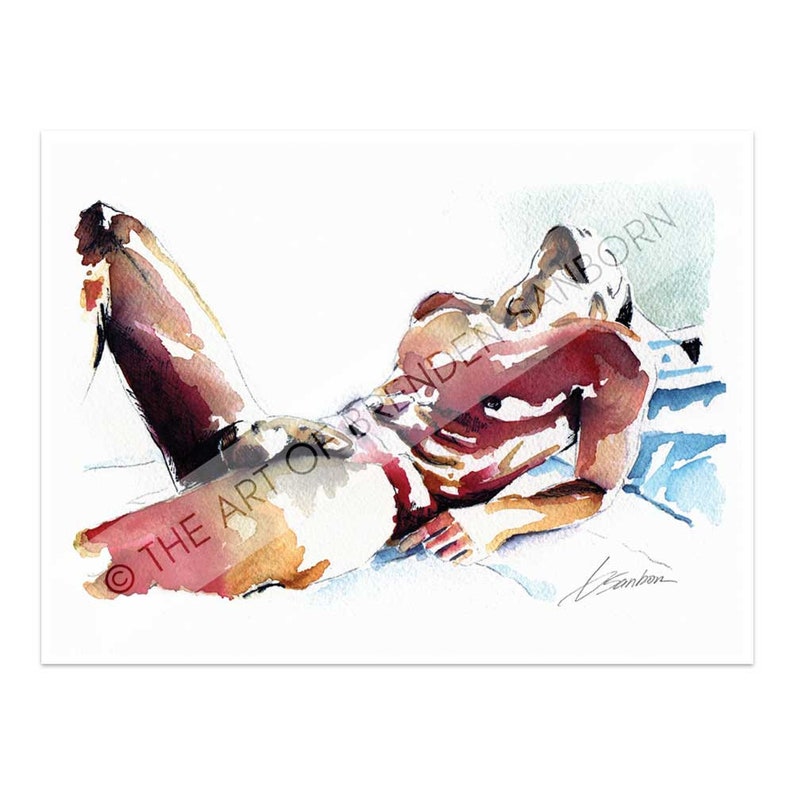 Relaxing Male Watercolor Art Print Male Figure Art Human Body Art Unframed Art Print Impressionist Art Print Gay Art Print image 2