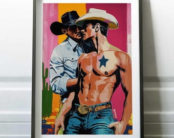 LGBTQ Cowboy Art Print, Bold Gay Western Wall Art, Two Cowboys in Love, Colorful Western Decor, Male Figure Cowboy Print