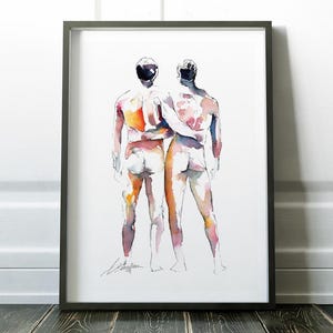 May include: Watercolor painting of two figures standing back to back, with one figure's arm around the other's waist. The figures are painted in shades of pink, orange, and yellow.