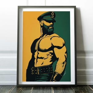 Gay Leather Art Print, Masculine Illustration of Man in Military Hat, LGBTQ+ Decor, Bold Queer Art, Pride Wall Art for Home, Gay Artwork