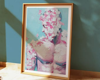 male floral art print, muscular torso gay art giclee, queer wall decor lgbtq poster, strong body blossoms art, modern figure floral print