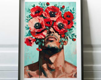Florales Männerporträt, Gay Kunstdruck, Große Wandkunst, Mutige Mohnblumenkopfkunst, Sexy Maskulines Dekor, Einzigartiges Geschenk für Ihn, Gaykunst