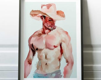 Western Cowboy Gay Art Print, Large Wall Art, Muscle Man Painting, Giclée Art Print, LGBTQ Gift, Rustic Home Decor, Sexy Male Portrait