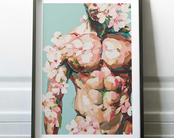 Männlicher Akt Blumen Art Print, mutiger männlicher Körper mit Kirschblüten, Blumen nackte Wandkunst, moderner Torso für Schlafzimmerdekor, Gay Art