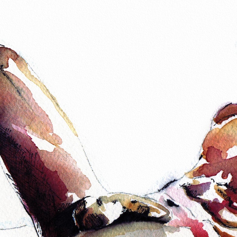 May include: Watercolor painting of a nude figure lying on their back. The figure is painted in shades of brown, pink, and red.