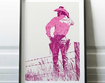 May include: A pink silhouette of a cowboy standing in a field with a barbed wire fence. The cowboy is wearing a hat and a shirt with a gun belt. The background is a white field with tall grass.