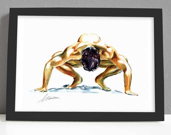 Muscular Male Figure Watercolor Giclée Print: Erotic Art