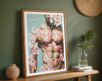 Stampa artistica floreale di nudo maschile, corpo maschile audace con fiori di ciliegio, stampa murale di nudo floreale, stampa moderna di torso per l&#39;arredamento della camera da letto, arte gay