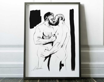 colorful prints homoerotic art | Black and White | gay artwork | gay male love | cool gifts for couples | Gay Male Pride | Queer Art