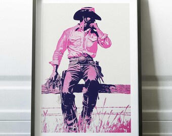 May include: A pink and blue illustration of a cowboy sitting on a fence with a barbed wire fence in the background.