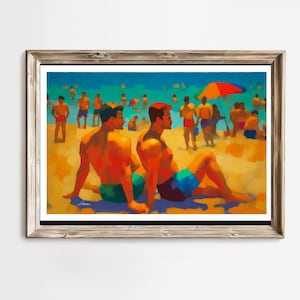 Arte gay sulla spiaggia, stampa di Fire Island, arte murale estiva, decorazioni per coppie gay, stampa artistica LGBTQ, stampa artistica gay, stampa artistica Giclée, regali unici per lui