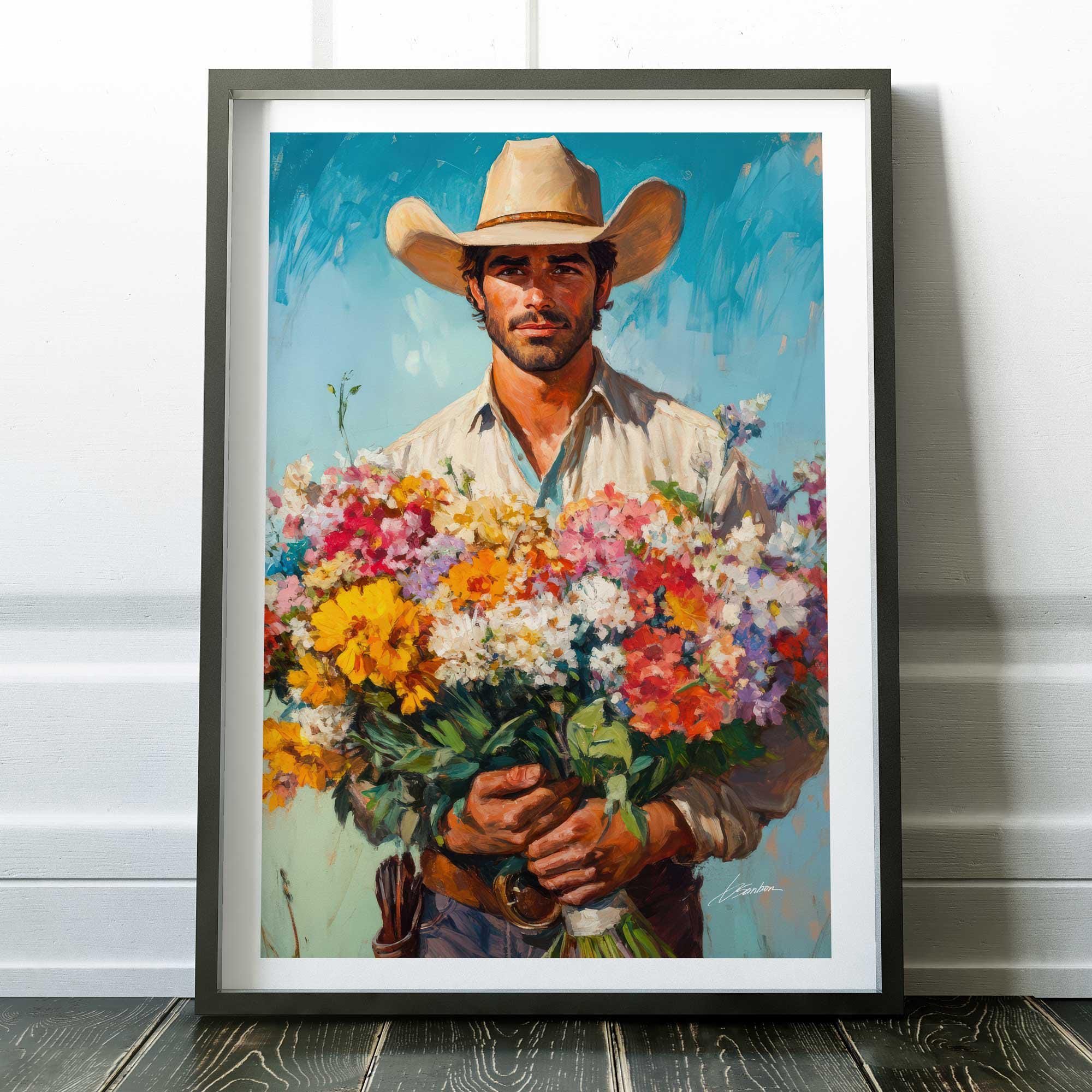 Gay Cowboy Painting with Flowers Art Print, Western Wall Decor, Romantic Masculine Poster, Floral and Cowboy Art, Rustic Home Decor