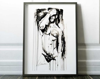 original pen sketch Gay Wedding Shower | ink sketches | Visual Art | homoerotic gay art print | nude male figure | Same Sex Couple Gift