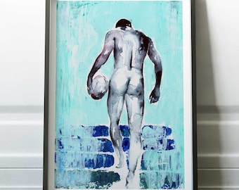 Arte murale gay, stampa artistica queer, corpo ad acquerello, illustrazione di figura maschile, decorazione per camera da letto LGBTQ, dipinto di torso sexy, regalo per fidanzato gay