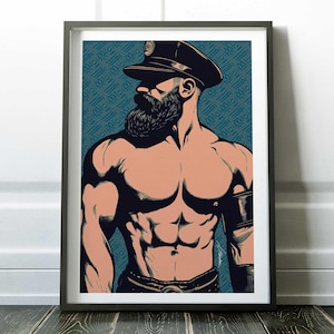 Lámina de arte de papá de cuero, lámina de arte gay, arte de pared grande, póster de hombre musculoso, regalo LGBTQ para él, estilo Tom of Finland, decoración masculina