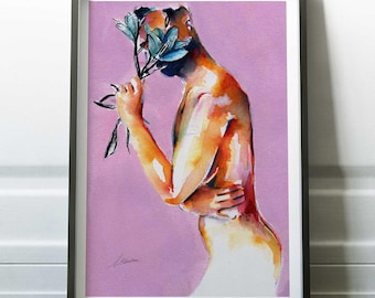 Stampa artistica di figura maschile espressiva: studio di corpo gay ad acquerello