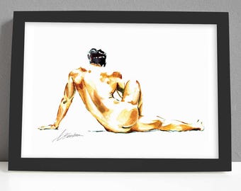 Watercolor Booty Print Nude Male Art Contemporary Bedroom Wall Decor Gift for Him