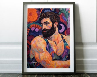 Bearded Man Art Print, Vibrant Gay Art, Beard Portrait, Masculine Wall Art, Modern LGBTQ Print, Bold Queer Artwork, Floral Background