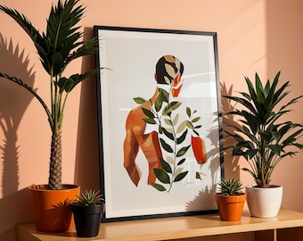 Quadro murale astratto maschile nudo, stampa artistica di figure botaniche, dipinto moderno di nudo, arredamento naturale per la casa, quadro murale maschile per camera da letto, opera d&#39;arte gay
