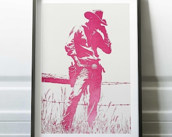 Cowboy Art Print, Western Wall Decor, Pink Cowboy Poster, Masculine Country Art, Gay Cowboy Gift, Minimalist Western