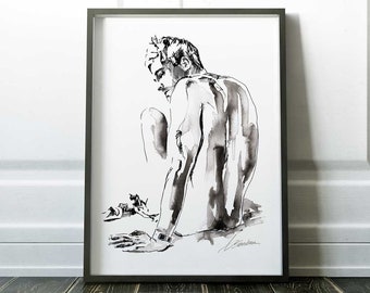 black and white gay art | queer painting | pen artwork | ink drawing | sensual paintings | male chest | muscular torso | pen and ink art