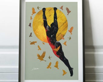 Surreal Flying Man Art Print: Modern Masculine Bedroom Decor