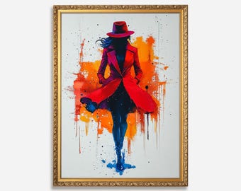 May include: Watercolor painting of a figure in a red coat and hat, set against a backdrop of orange and blue paint splatters. The artwork is framed in a gold ornate frame, creating a striking visual contrast.