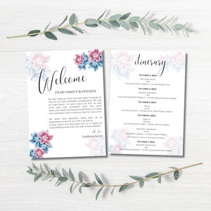 Carta de boas-vindas e itinerário para casamento no destino indiano, cronograma de casamento de vários dias com código de vestimenta, bolsa de boas-vindas, modelo editável