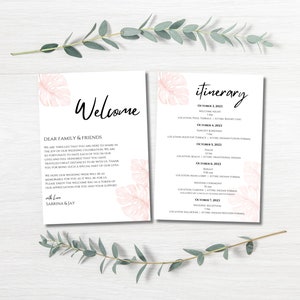 Carta de boas-vindas e itinerário para casamento no destino indiano, cronograma de casamento de vários dias com código de vestimenta, bolsa de boas-vindas, modelo editável