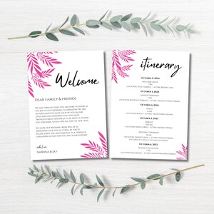 Carta de boas-vindas e itinerário para casamento no destino indiano, cronograma de casamento de vários dias com código de vestimenta, bolsa de boas-vindas, modelo editável