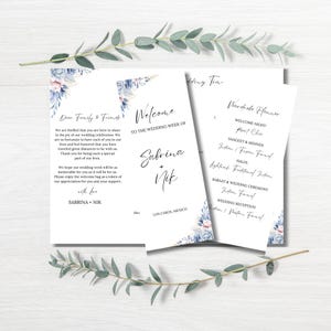 Brochura tríplice, carta de boas-vindas para casamento indiano e cronograma de itinerário com código de vestimenta, bolsa de boas-vindas, modelo editável