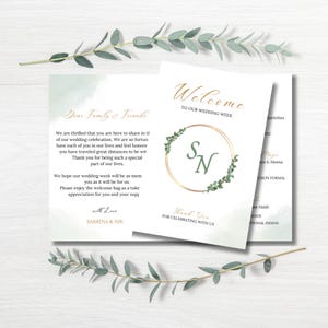 Cartão de casamento dobrado ~ Carta de boas-vindas para casamento indiano e cronograma de eventos com código de vestimenta, bolsa de boas-vindas, modelo editável