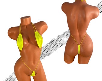 Micro Slingshot bikini adjustable Neon Yellow wet look  adjustable