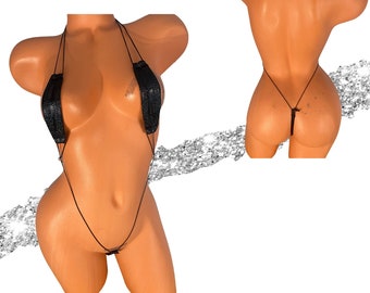 Micro Slingshot-bikini verstelbaar holografisch zwart verstelbare wetlook