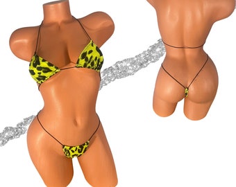 Micro thong string bikini barely there Neon Lime and black leopard print one size fits most