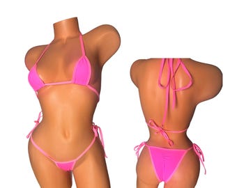 Neon Pink Micro Bikini: Cheeky Spandex String Tie Swimsuit