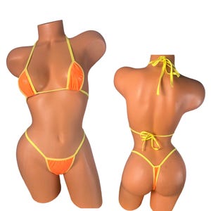 Orange yellow trim Micro Thong Bikini – Wide Front Holographic Bikini Set, Exotic Dancer Swimwear, Festival Rave Look wet look