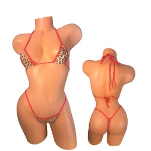 Red Leopard Print Bikini Set – Micro Cut Thong & Adjustable Top | Exotic Dancer Swimwear, Rave Bikini, Miami Vibes