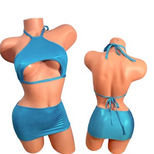 Metallic Ocean Blue Micro Mini Skirt Set: Halter Top, Club Wear