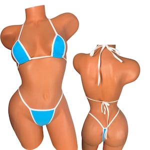 Orange yellow trim Micro Thong Bikini – Wide Front Holographic Bikini Set, Exotic Dancer Swimwear, Festival Rave Look wet look