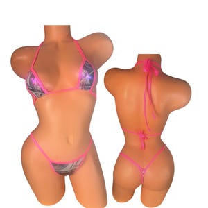 Holographic Money Print Bikini – Pink Trim Micro Set for Nightlife, Clubwear & Rave Looks