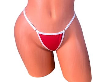 Red white trim Extreme Micro thong string bikini bottom exotic swimwear thong bottoms