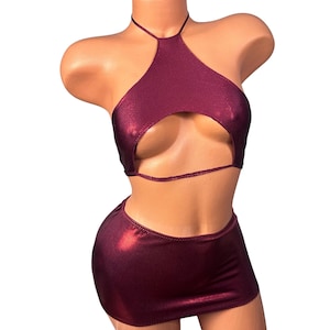 Metallic Burgundy  Micro Mini Skirt Set: Halter Top Club Wear