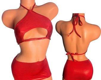 Rot Metallic Micro Mini Rock Set: Neckholder Top, Exotic Clubwear