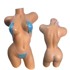 Bikini micro Slingshottiny swimwear exotic dancewear stripper costume metallic baby blue pink string  triangle bottom sexy thong bikini