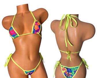 Micro Bikini: Neon Blumen Print String Tie Badeanzug